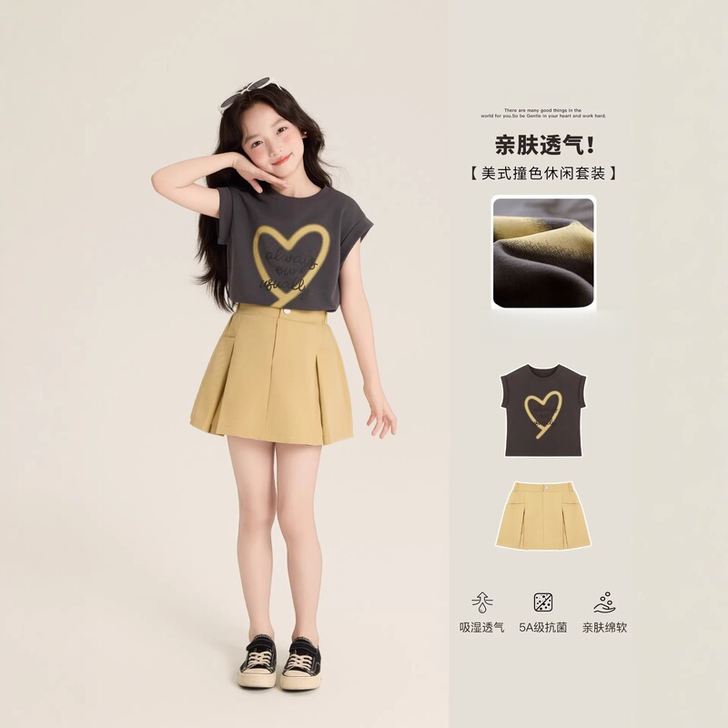 Aini Girls' New Summer Style Cotton Color-Blocked Heart Print T-Shirt and Stylish A-Line Short Skirt Set, Skin-Friendly, Breathable, Trendy Aini Girls' New Summer Style Cotton Color-Blocked Heart Print T-Shirt and Stylish A-Line Short Skirt Set, Skin-Friendly, Breathable, Trendy