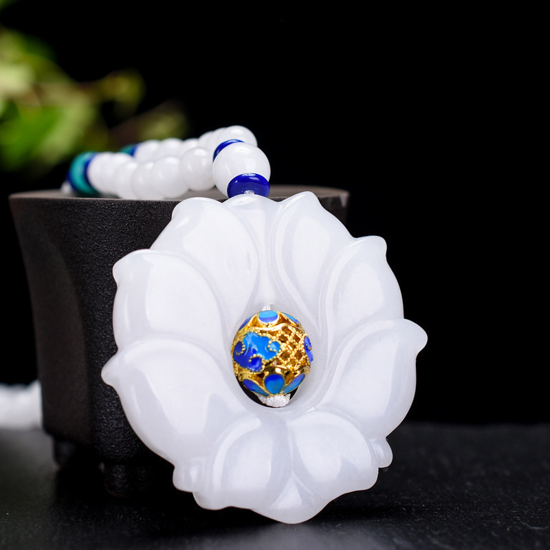 智贝详情图_1金丝玉毛衣链新疆白玉双面莲花项链景泰蓝配饰玉吊