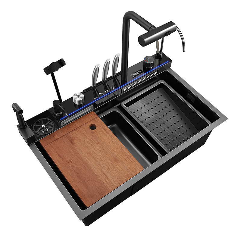 Tiburón ballena hecho a mano multifuncional lluvia voladora cascada 304 acero inoxidable grande lavabo de un solo tanque para el hogar fregadero de cocina