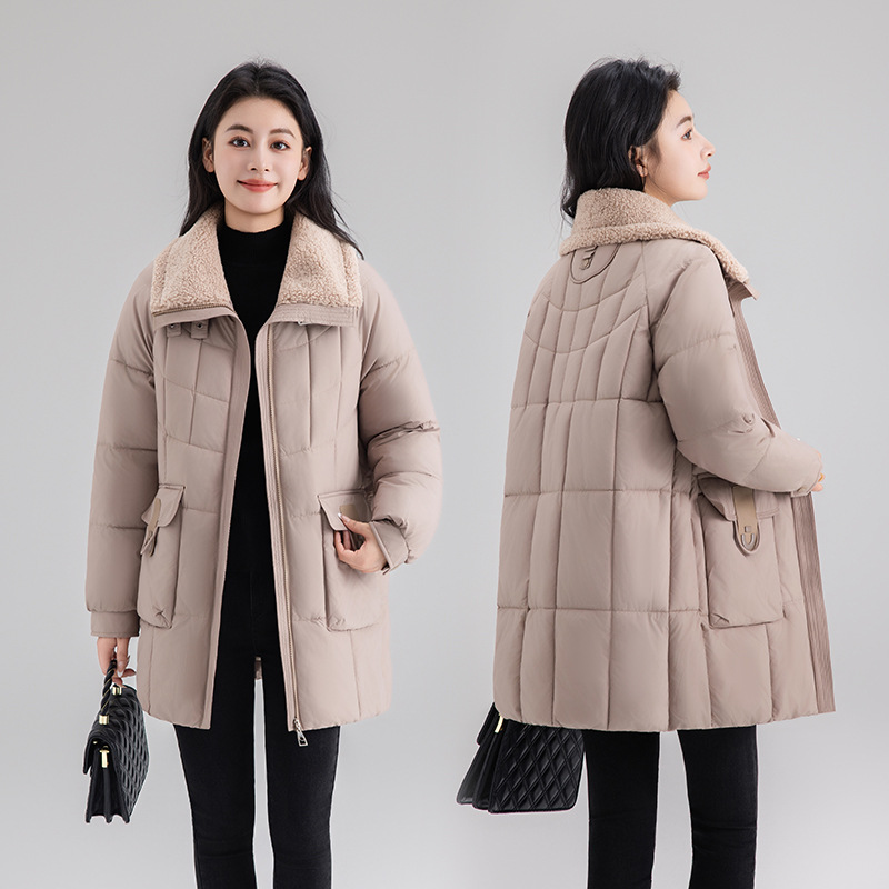 2025 invierno nuevo cuello suelto de costura media larga gran bolsillo delgado estilo coreano chaqueta de algodón de alta calidad