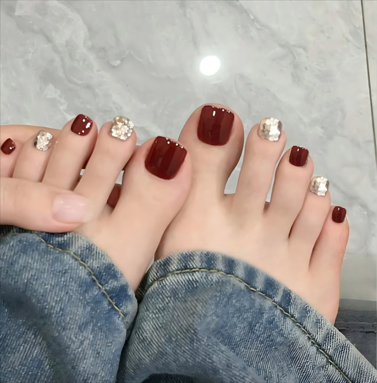Verano nuevo 14 piezas hechas a mano parche de uñas de pie productos terminados vino polvo brillante blanquear usar uñas de pie