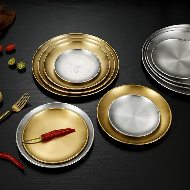 304 Stainless Steel Korean BBQ Platter, Round Buffet Plate, 14–30 cm, Silver or Gold
