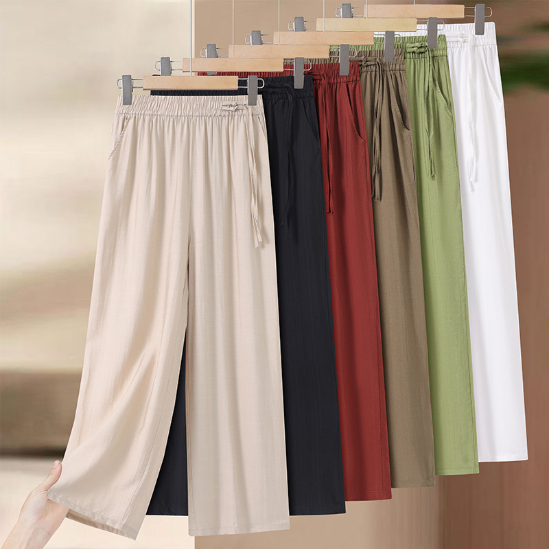 Summer New High-Waisted Elastic Wide-Leg Pants for Women, Loose Drapey Cropped Pants, Thin Casual Versatile Mom Style