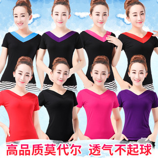 Square Dance New Short-Sleeved Black Modal Top Dance Practice Clothes Dance Clothes Women's Sports Summer Red Clothes