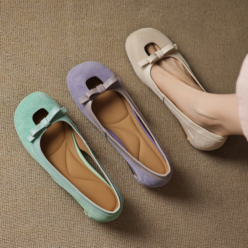 Macaron Color Hollow-out Bow 2025 Spring Height-increasing Thick-soled Mid-heel Loose Round-toe Leather Shallow-top Single-layer Shoes for Women