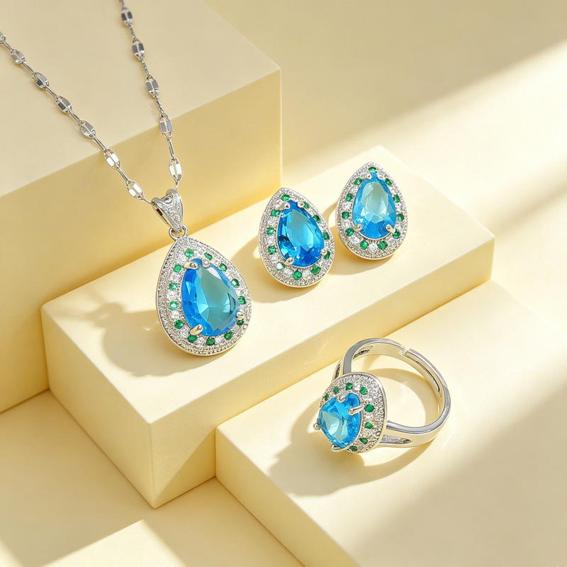 Fashionable and Elegant Sapphire Water Drop Necklace, Earrings, and Ring Set, Light Luxury Niche Titanium Steel Clavicle Chain Jewelry Fashionable and Elegant Sapphire Water Drop Necklace, Earrings, and Ring Set, Light Luxury Niche Titanium Steel Clavicle Chain Jewelry