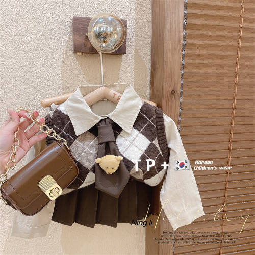 Children's Autumn Korean Style Suit 2024 New Boys and Girls College Style Shirts and Vests Baby Spring and Autumn Three-piece Trendy Set