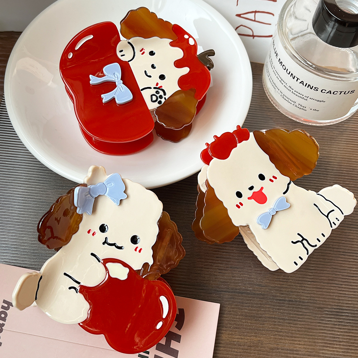 Nuevos dibujos animados de manzana perros cabello acético clips de cabello de alta calidad lindas niñas peñas rotas clips de cabello