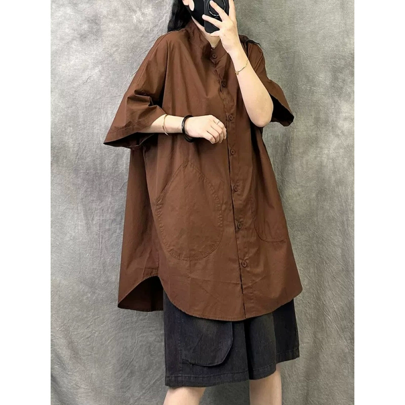 Стиль ретро средний и длинный сплошной цвет премиум-смысл с короткими рукавами рубашка 2025 новый стиль большой размер женская рубашка топ