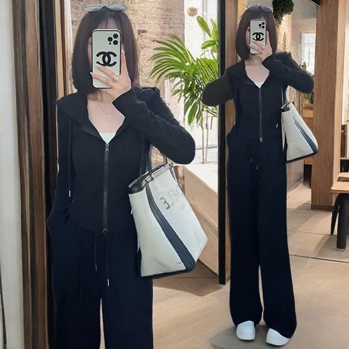 Ladies' Autumn Hooded Sweatshirt Wide Leg Pants Set of Two, Abdominal Covering