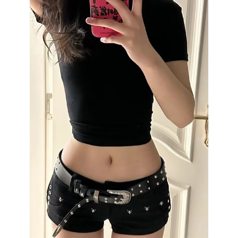 Hot Girl Denim Shorts, Ultra-Short Black American-Style Shorts with Low Rivets, Summer Waist Bag, Sexy