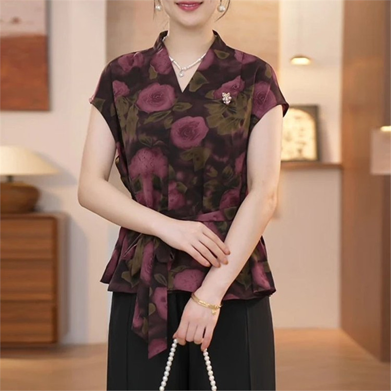 Dropshipping Hot-Selling Printed Blouse for Moms, 2026 Summer New Fashion Elegant Tie-Up Slimming Top for Women