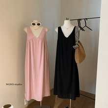 清仓不退换 度假风通勤百搭宽松显瘦长款V领无袖背心连衣裙W6274