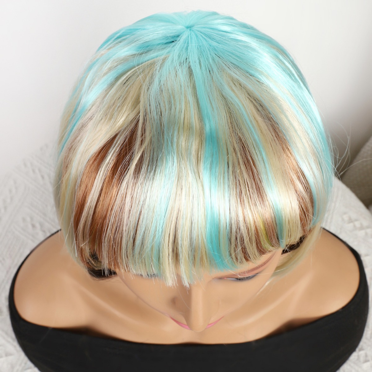 Transfronterizo nuevo color mezcla azul-dorado gradiente largo recto 12 pulgadas sin encaje pelucas europeas y brasileñas