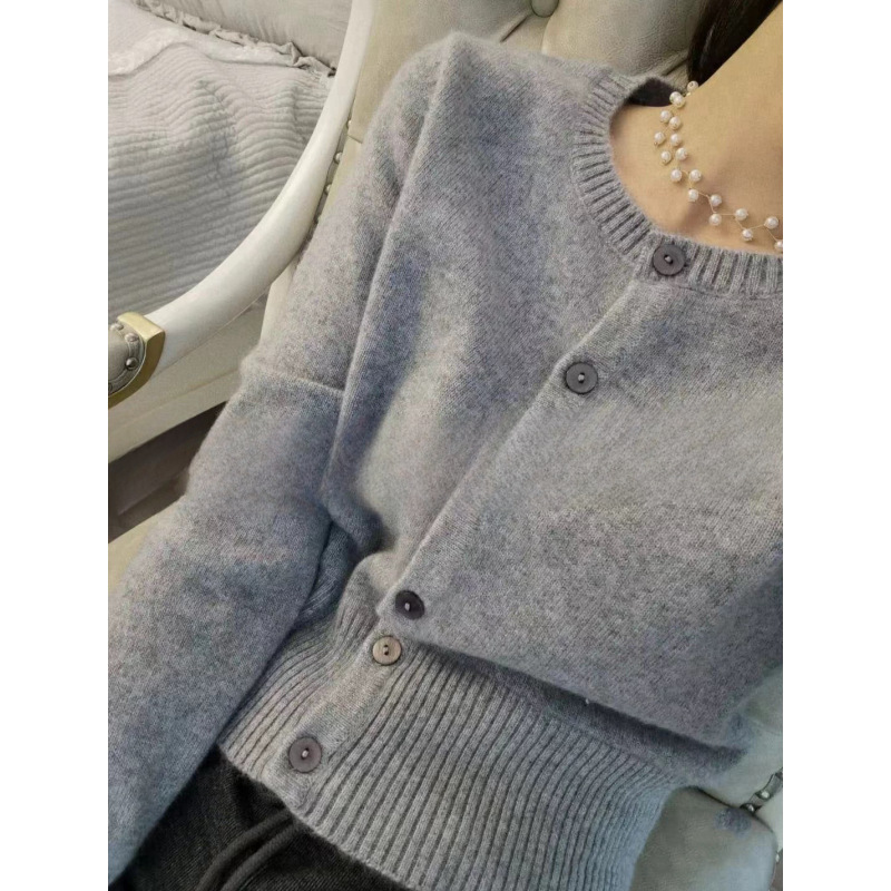 女士100全羊毛开衫秋冬新款圆领高腰短款毛衣外套纯色百搭针织衫|undefined