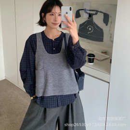 时尚外搭叠穿两件套衬衫女秋款韩系宽松休闲百搭针织马甲上衣OT15