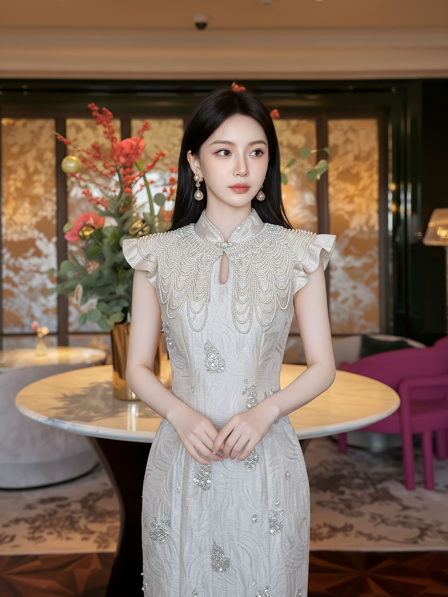Đầm ôm body nữ phong cách Tân Trung Hoa đính cườm nặng tay thiết kế sườn xám — Xám Hạnh