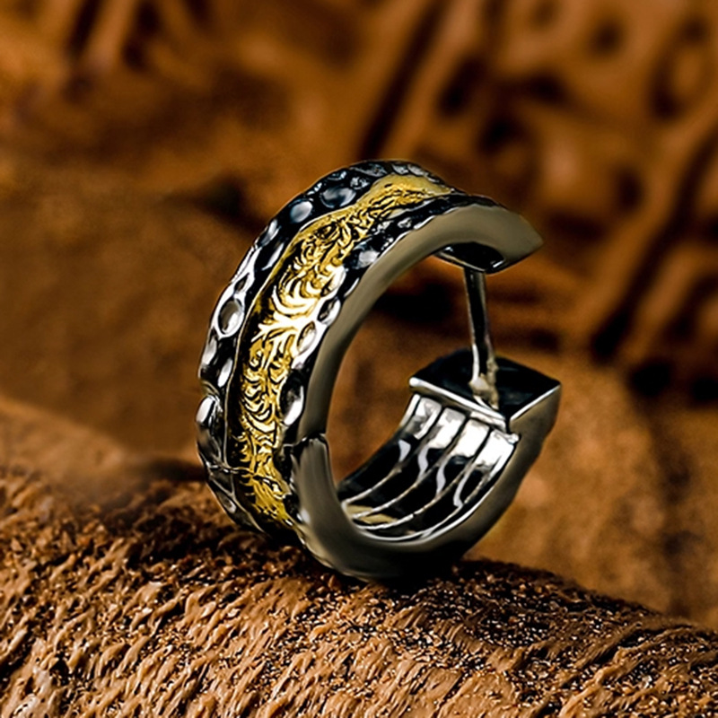 Silver-Plated Tang Grass Pattern Earrings for Boys, Retro Hammer Pattern Earrings, Niche Earrings, Two-Color Earrings, Factory Direct Sales