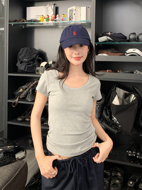 夜店DJ纯色简约U领T恤女士2025夏季新款韩版修身百搭短袖学生上衣|undefined