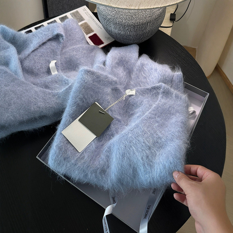 Soft and Lazy Style Blue Mohair Sweater for Women 2025 Autum High-End Unique Niche Tops for Small People