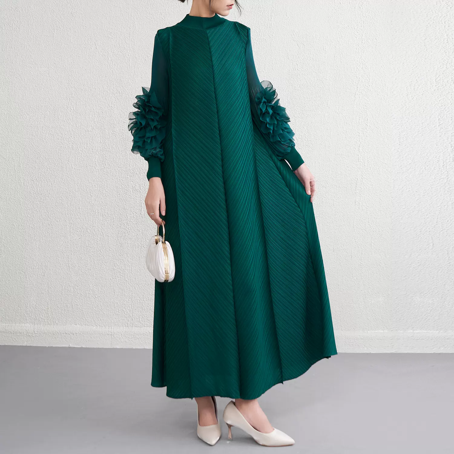 欧美跨境褶皱长款连衣裙气质三宅宽松大码高级长袖立领长裙女装