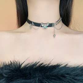 猫头黑色皮革项圈女甜酷风项链暗黑小众简约短款锁骨链颈链
