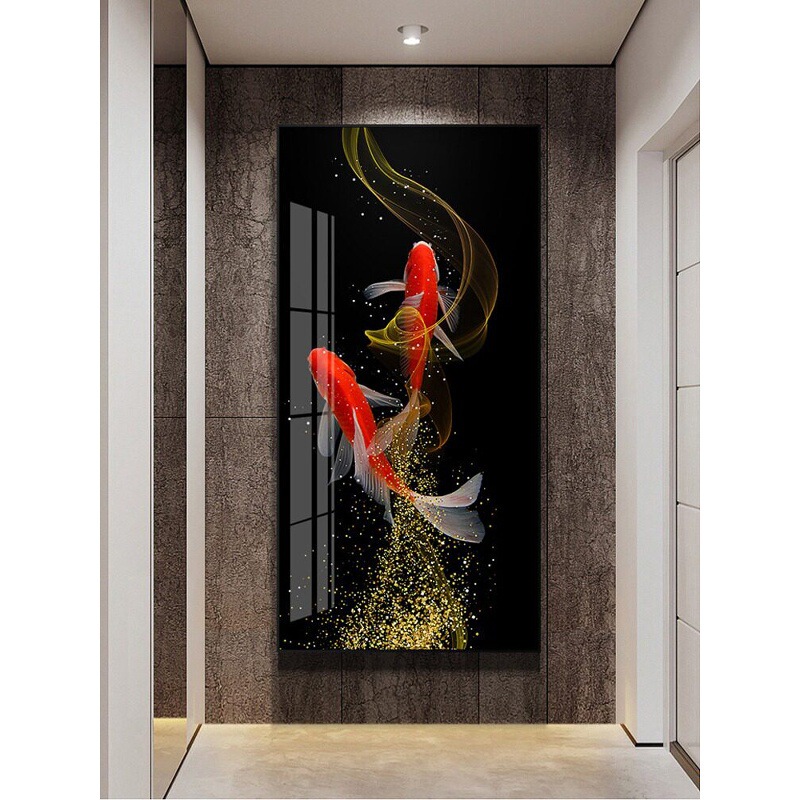 Luxury-style koi fish decorative painting for the entrance hall, featuring a double fish symbolizing wealth, suitable for the living room or hallway, and can be used as a background wall painting; crystal porcelain painting, vertical format Luxury-style koi fish decorative painting for the entrance hall, featuring a double fish symbolizing wealth, suitable for the living room or hallway, and can be used as a background wall painting; crystal porcelain painting, vertical format
