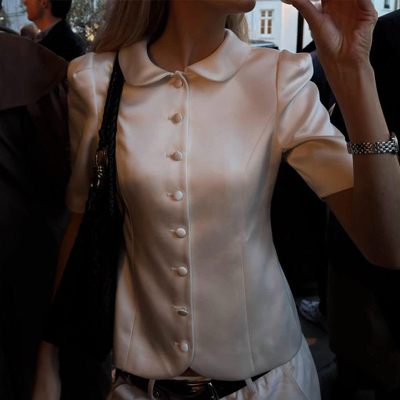 French old money style white doll collar short-sleeve shirt top for women, commuting short slim-fit acetate satin shirt for summer