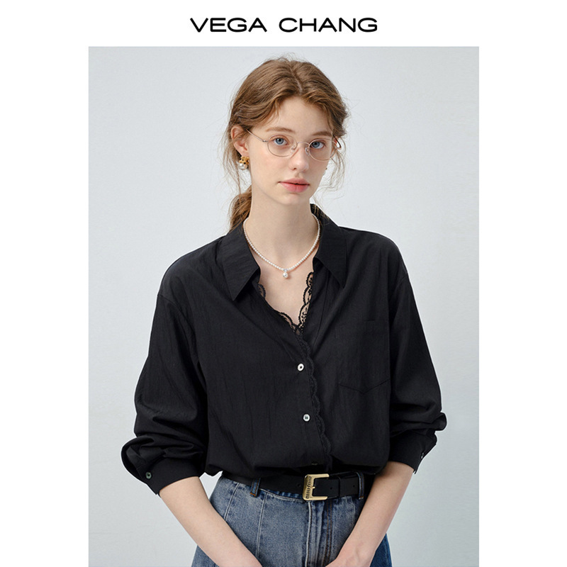 VEGA CHANG白色衬衫女长袖2025年秋装新款欧若风蕾丝薄款宽松上衣|undefined