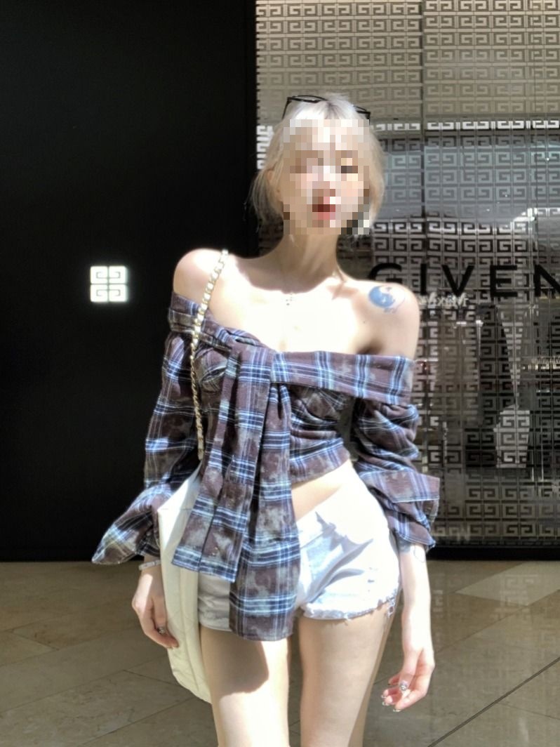 美式格子抹胸上衣女早秋新款辣妹设计感小众一字肩短款长袖衬衫潮