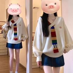 慵懒学院风白色v领毛衣女秋冬季2025年新款小个子宽松设计感上衣