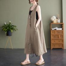 出口英国尾货品牌剪标好品质纯色棉麻无袖中长裙连衣裙字裙
