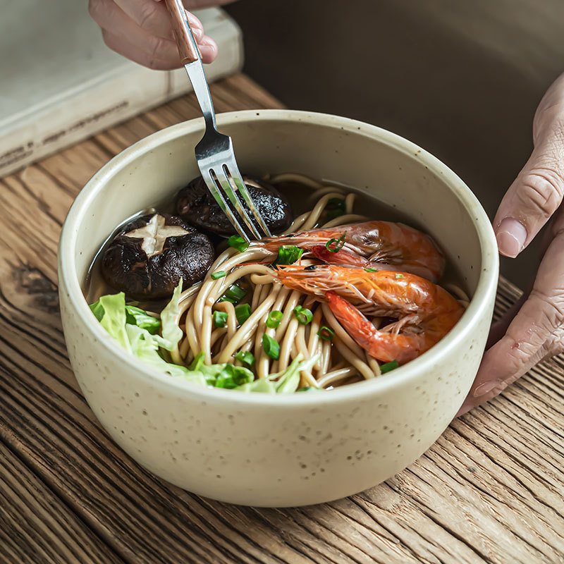 Tacos de ensalada de cerámica brillante de estilo japonés, tazón de fideos más grueso, tazón de cubiertos domésticos, tazón de desayuno retro, tazón de verduras, tazón de sopa
