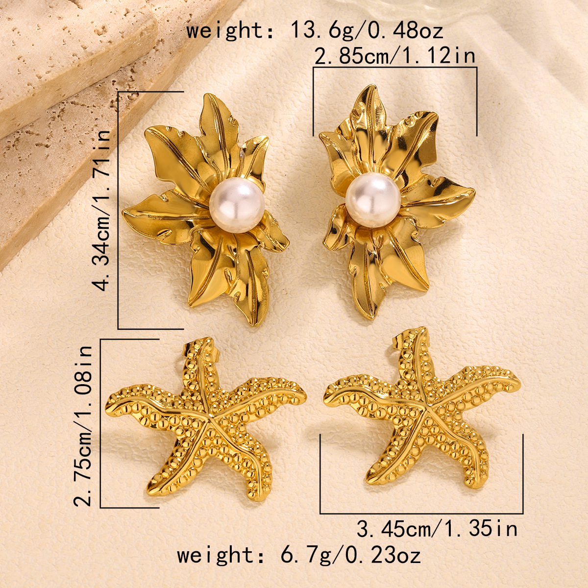 17g Weight 304 Stainless Steel Ear Needle Material 1 Pair Vintage Style French Style Starfish Flower Plating 304 Stainless Steel Ear Studs