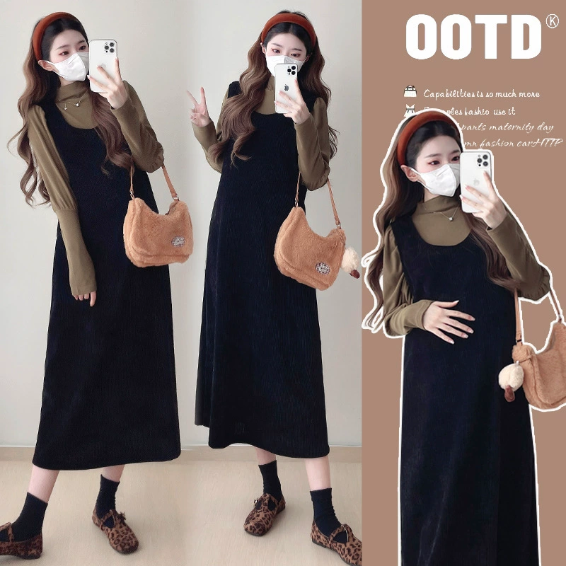 2024 новые беременные осенние и зимние наборы темпераментные нижние рубашки тонкие юбки из двух частей свободного платья большого размера