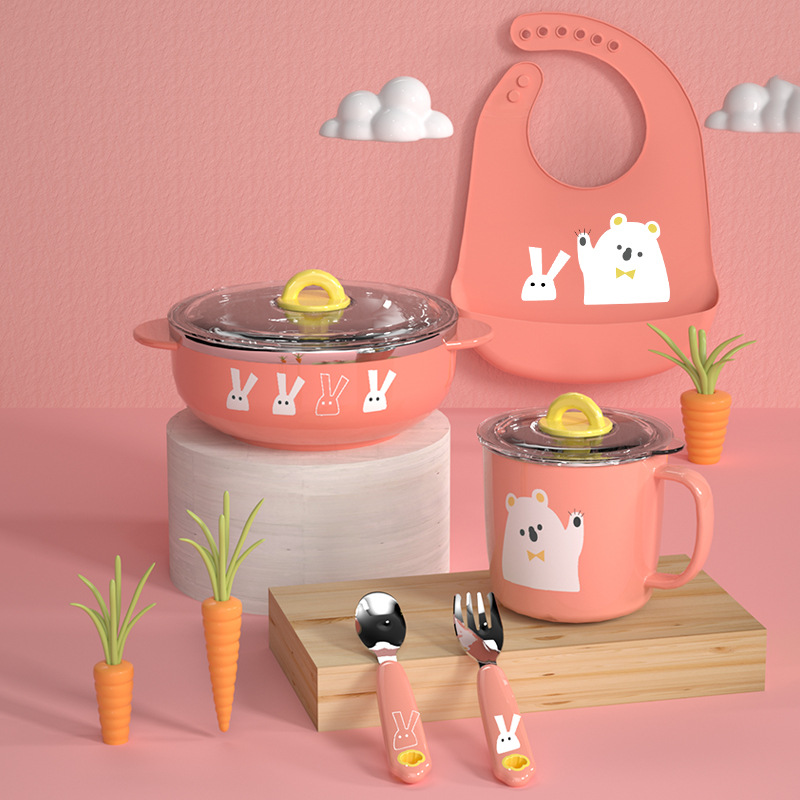 316L de acero inoxidable Los niños vajilla traje suplemento alimenticio bebé lechón tazón taza agua babero tenedor cuchara