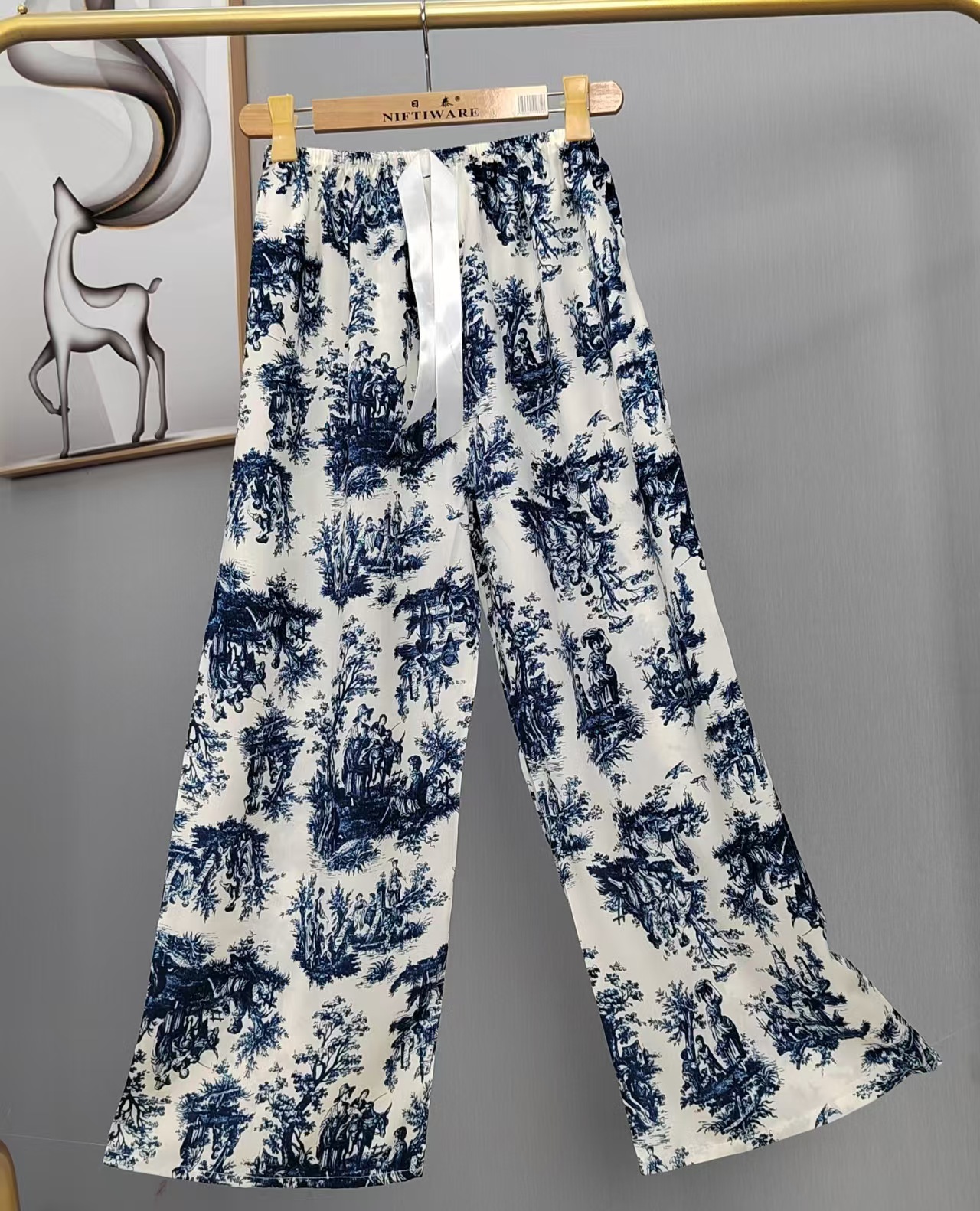 Pijama de seda de algodón para mujer, pantalones anchos de mujer embarazada de seda de algodón con estampado fino de verano