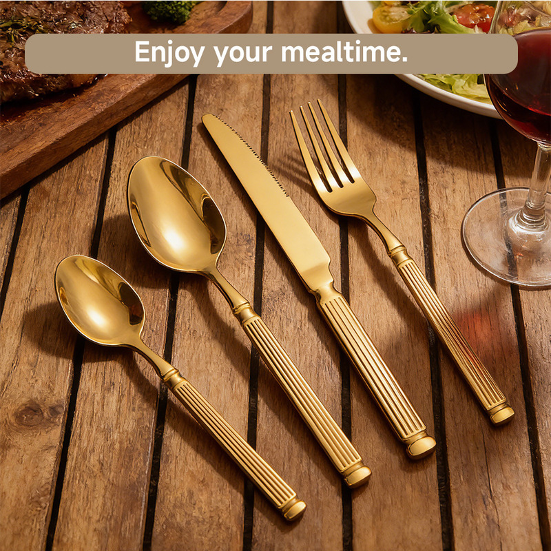 410 Stainless Steel Knife, Fork, and Spoon Roman Column Cutlery Set, Gold Dessert Fork, Western-Style Steak Knife, Hotel Knife and Fork Set 410 Stainless Steel Knife, Fork, and Spoon Roman Column Cutlery Set, Gold Dessert Fork, Western-Style Steak Knife, Hotel Knife and Fork Set