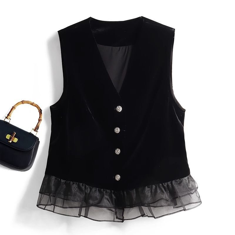 European Style Velvet Vest 2026 Spring and Autumn New Fashion Patchwork Sleeveless Top Black