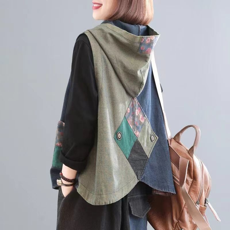 New Autumn Korean Style Plus Size Outerwear, Retro Distressed Hooded Printed Patchwork Denim Vest for Women