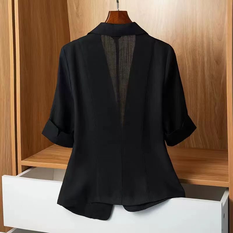 Summer lightweight blazer for women, petite casual slim-fit Korean-style mid-sleeve black jacket Summer lightweight blazer for women, petite casual slim-fit Korean-style mid-sleeve black jacket
