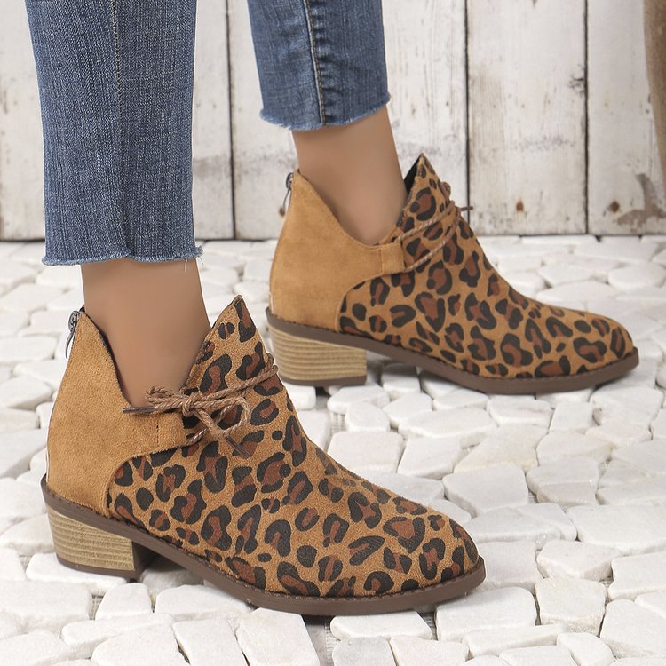Große größe leopard print niedrigen ferse spitze kurze stiefel weibliche herbst und winter neue ein fuß steigbügel_voghion.com