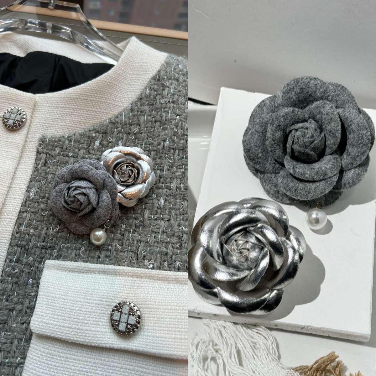 2 Combination Camellia Brooch Women's Chanel Style Corsage Pin Buckle Suit Jacket Accessories High-end Autumn and Winter