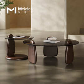 DDSKB038茶几钢化玻璃茶几现代轻奢客厅家用小户型白蜡木圆形边几