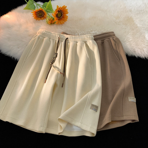 Labeled waffle knit heavy-duty shorts for men, summer thin large size loose casual American streetwear brand outerwear, five-socket pants