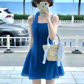 温柔风超好看收腰显瘦围脖吊带连衣裙小个子漂亮蓬蓬小裙子女休闲