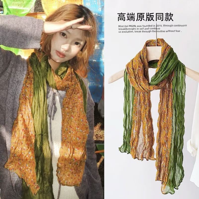 Yunnan Travel Cashew Flower Thin Vintage Artistic Cotton Linen Scarf for Women, Pleated Silk Scarf, Neck Wrap, Long Shawl, Sheer Scarf
