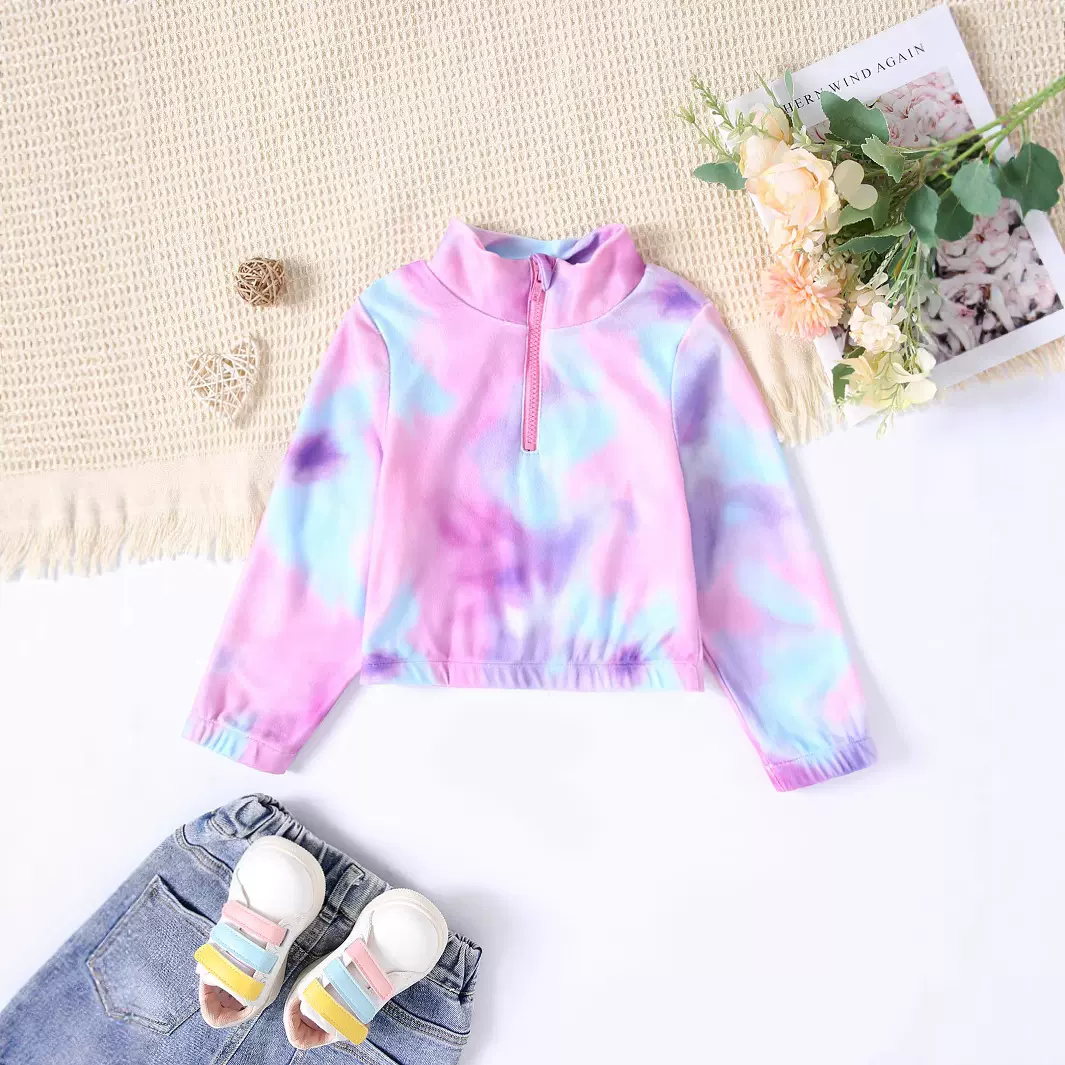 时尚春秋款女童休闲百搭上衣彩色扎染半开襟长袖日常上学外出卫衣