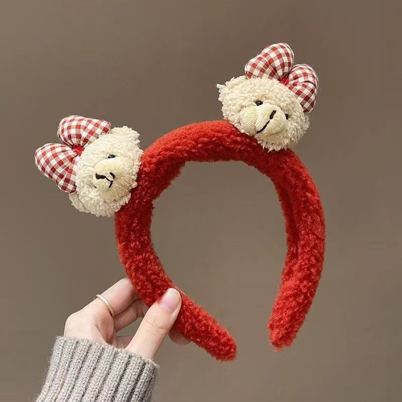 Nuevo lindo Año del Caballo festivo de peluche para las mujeres Año Nuevo lavar la cara de Navidad presión de cabello para la atmósfera de tocado rojo