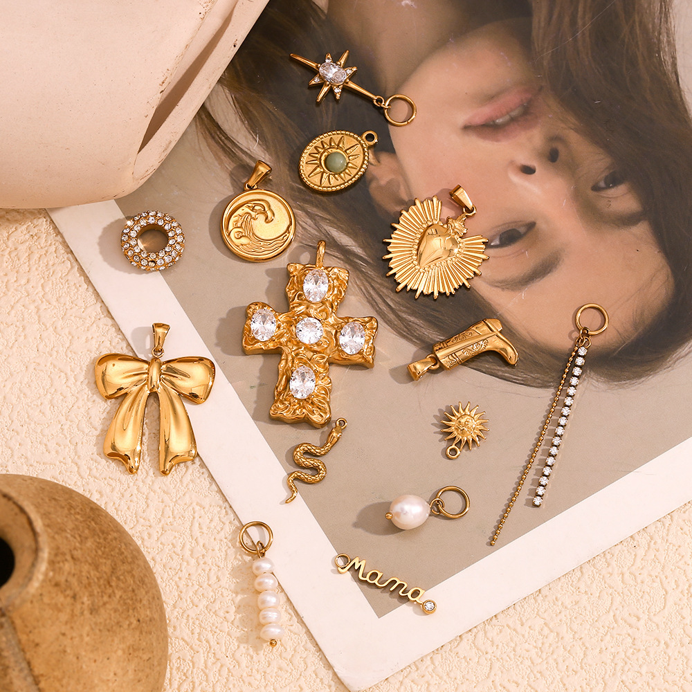 14.6*11.8mm, 9.8*25.3mm Jewelry Making Size 18K Gold Plated Plating Material 1 Piece 14.6*11.8mm 9.8*25.3mm 304 Stainless Steel 18K Gold Plated Sun Snake Bow Knot Pendant